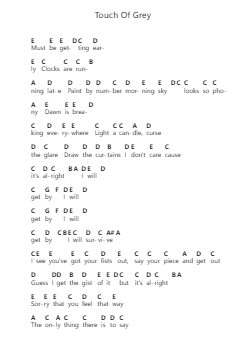 Touch Of Grey Piano letter notes by Grateful Dead - Arr.Blairbart