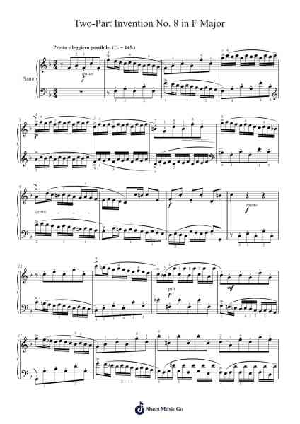 Two-Part Invention No. 8 in F Major, BWV 779 Sheet Music by Johann Sebastian Bach-Arr.Malclaude