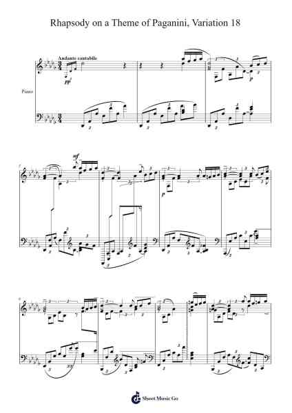 Rhapsody on a Theme of Paganini, Op. 43: Variation XVIII (Andante cantabile) for Solo Piano Sheet Music by Sergei Rachmaninoff-Arr.Caewald Tabpritt