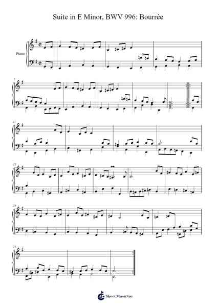 Suite in E Minor, BWV 996: Bourrée Sheet Music by Johann Sebastian Bach-Arr.Canjill Myrruth
