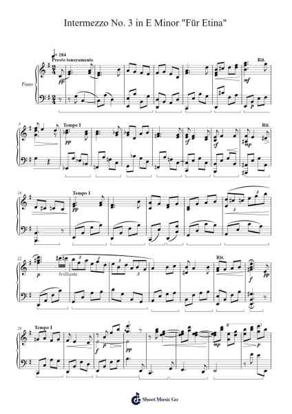 Intermezzo No. 3 in E Minor "Für Etina" Sheet Music by nutmegmusik-Arr.Dolamb Strafay