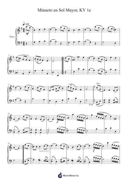 Minueto en Sol Mayor, KV 1e Sheet Music by Wolfgang Amadeus Mozart-Arr.Bartther Benxon