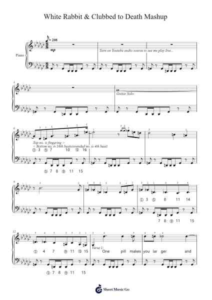 White Rabbit & Clubbed to Death Mashup (Matrix OST Piano Cover) Sheet Music by Fitchda Penrid-Arr.Bunharine Coftroy