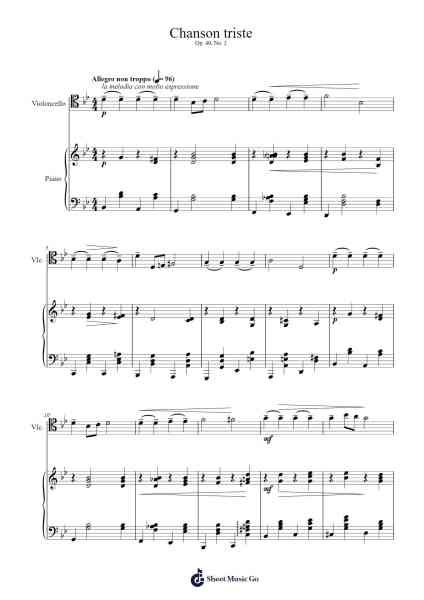 Chanson triste for Piano and Cello Sheet Music by Pyotr Ilyich Tchaikovsky-Arr.Manlynch
