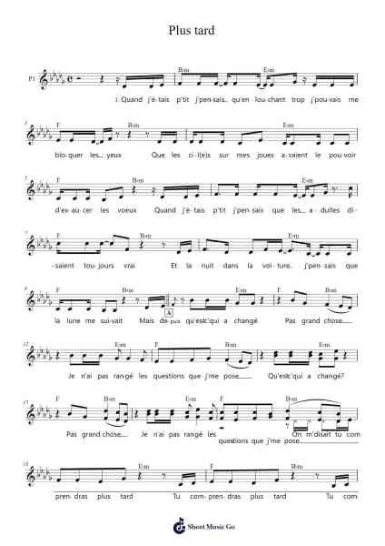 Plus tard Sheet Music by Bigflo/Oli-Arr.Pegholmes Anlett