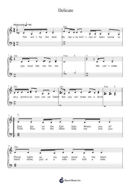 Delicate Sheet Music by Taylor Swift-Arr.Padlia Bebe
