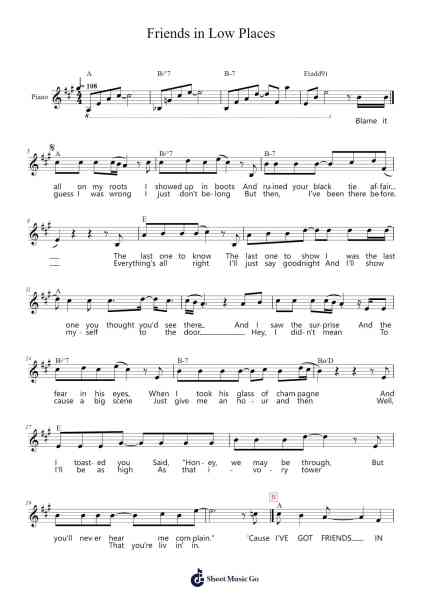 Friends in Low Places Sheet Music by Garth Brooks-Arr.Joanbar Crichniel