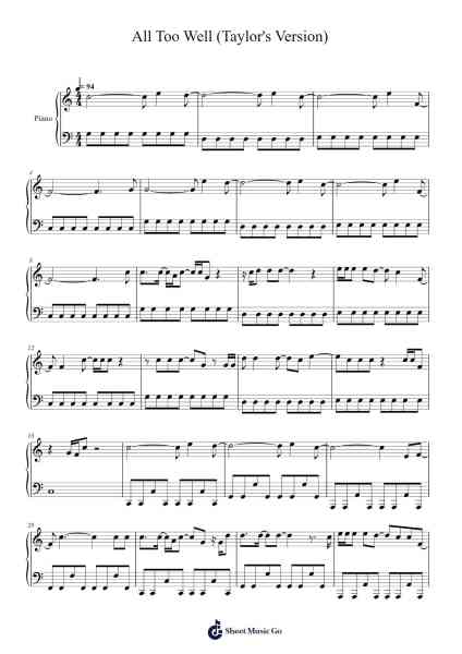 All Too Well (Taylor's Version) Sheet Music by Taylor Swift-Arr.Pubey