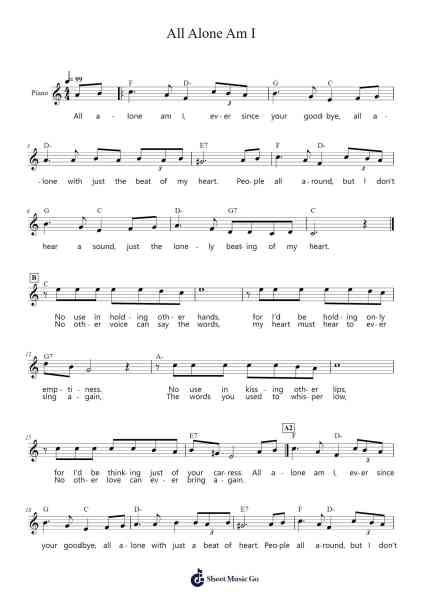 All Alone Am I Sheet Music by Brenda Lee-Arr.Yecent