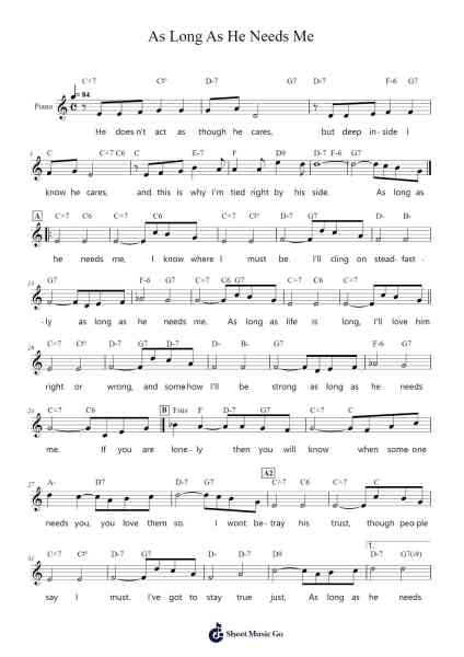 As Long As He Needs Me Sheet Music by Lionel Bart-Arr.Clylogg Brarie