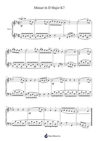 Minuet in D Major, K. 7 Musica per pianoforte di Wolfgang Amadeus Mozart - Arr.Joannes Nohan