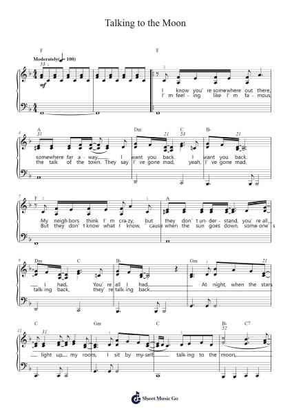 Talking to the Moon Sheet Music by Bruno Mars-Arr.Temlouie Ramsjo