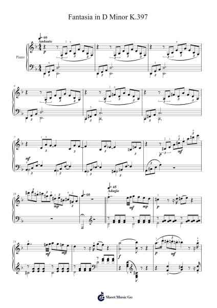 Fantasia in D Minor, K. 397 Sheet Music by Wolfgang Amadeus Mozart-Arr.Joanvieve