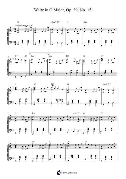 Waltz in G Major, Op. 39, No. 15 Sheet Music by Johannes Brahms-Arr.Evejob