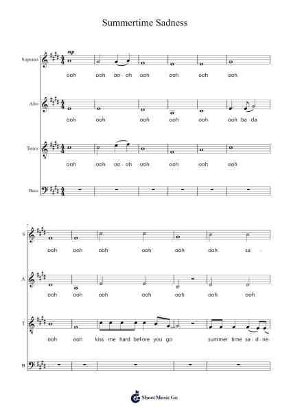Summertime Sadness Sheet Music by Lana Del Rey-Arr.Bysey Truwood