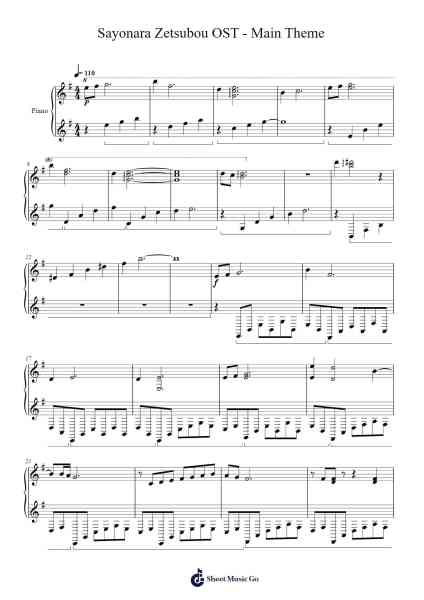 Sayonara Zetsubou OST - Main Theme Sheet Music by Misc Cartoons-Arr.Ferholt Vebthan