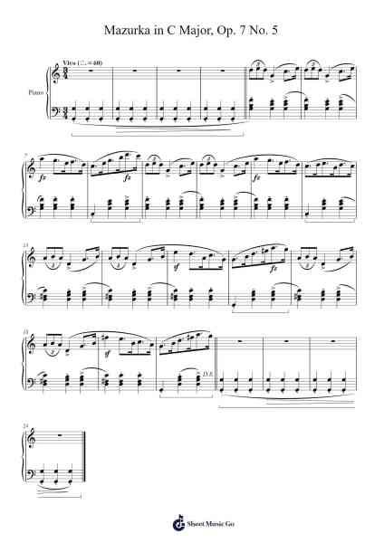 Mazurka in C Major, Op. 7 No. 5 Sheet Music by Frédéric Chopin-Arr.Walshac