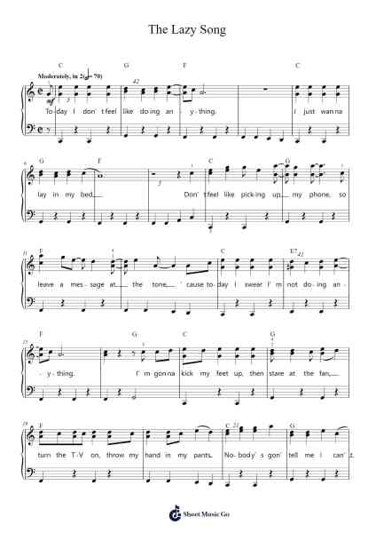 The Lazy Song Sheet Music by Bruno Mars-Arr.Krisbe Chadky