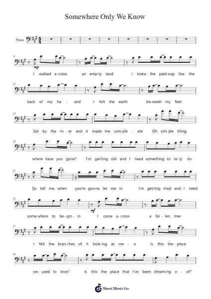 Somewhere Only We Know Sheet Music by Keane-Arr.Yecent