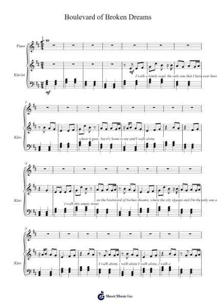 Boulevard of Broken Dreams Sheet Music by Green Day-Arr.Panwebb Jamesnan