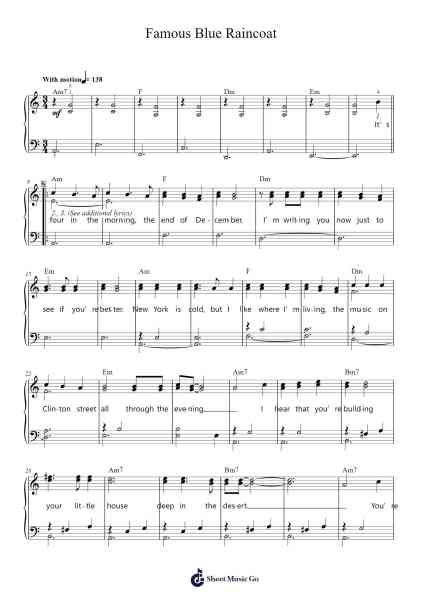 Famous Blue Raincoat Sheet Music by Leonard Cohen-Arr.Xefunk Huttrick