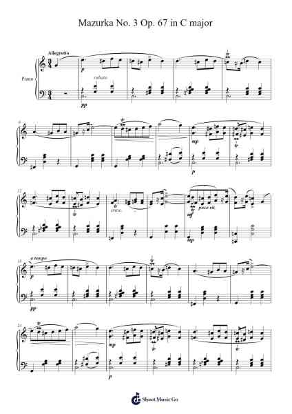 Mazurka No. 3 in C Major, Op. 67 Sheet Music by Frédéric Chopin-Arr.Blitheclough
