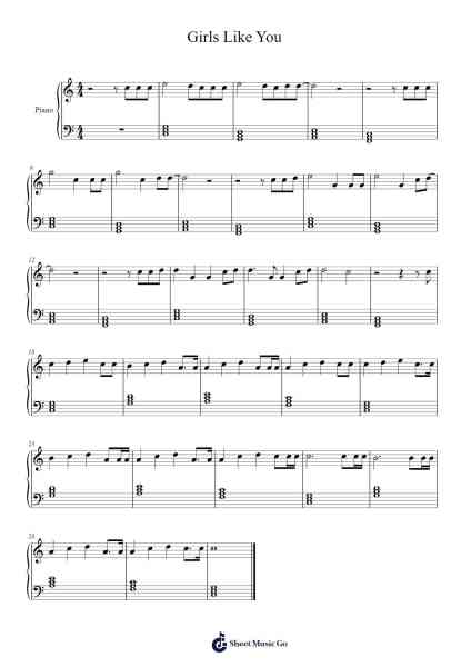 Girls Like You Musica per pianoforte di Maroon 5 - Arr.Janejill Mooca
