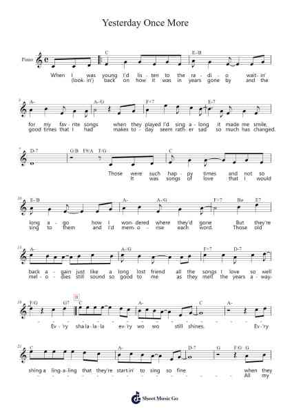 Yesterday Once More Sheet Music by Carpenters-Arr.Mervan