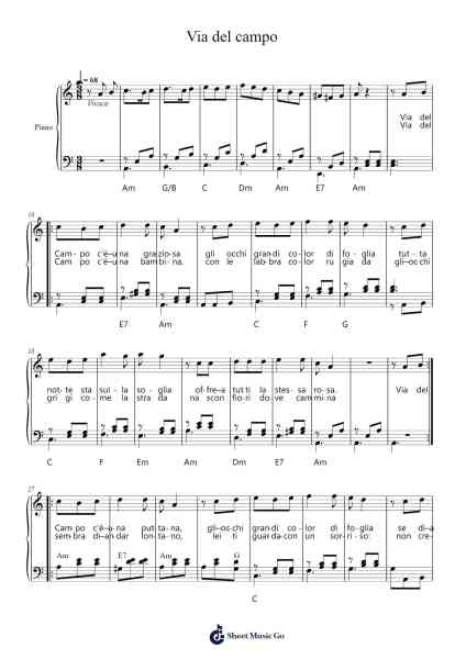 Via del campo Musica per pianoforte di Fabrizio De André - Arr.Westier Haylay