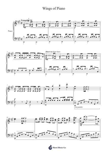 Wings of Piano Sheet Music by V.K. 克-Arr.Wattle