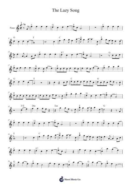 The Lazy Song Sheet Music by Bruno Mars-Arr.Emton