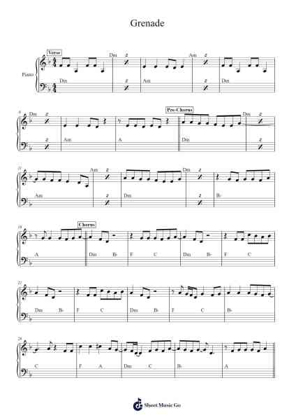 Grenade Sheet Music by Bruno Mars-Arr.Webbkay