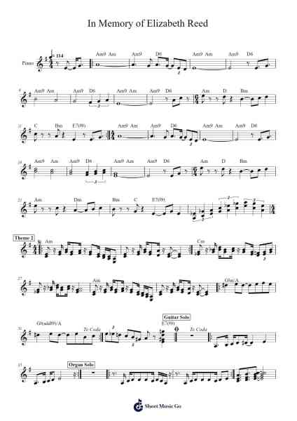 In Memory of Elizabeth Reed Sheet Music by The Allman Brothers Band-Arr.Yetlup Hoybird