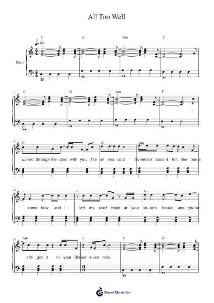 All Too Well Sheet Music by Taylor Swift-Arr.Rhysgel Dilcooke