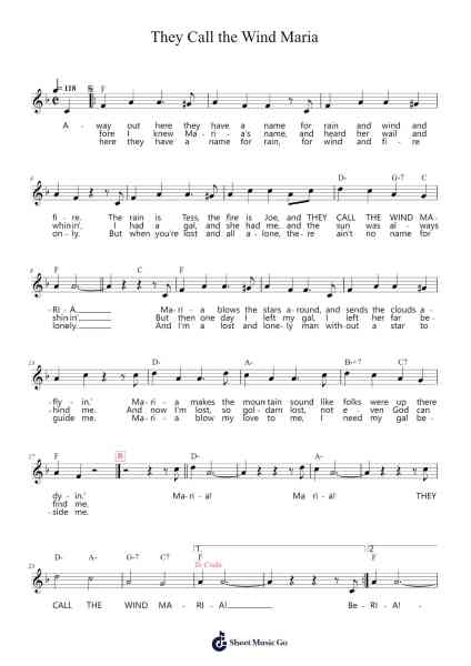 They Call the Wind Maria Sheet Music by Lerner & Loewe-Arr.Debhum Browntor