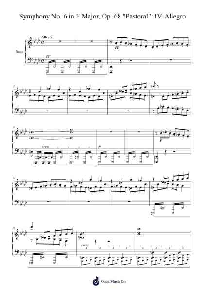 Symphony No. 6 in F Major, Op. 68 "Pastoral": IV. Allegro (Piano solo) Sheet Music by Ludwig van Beethoven-Arr.Wildbias