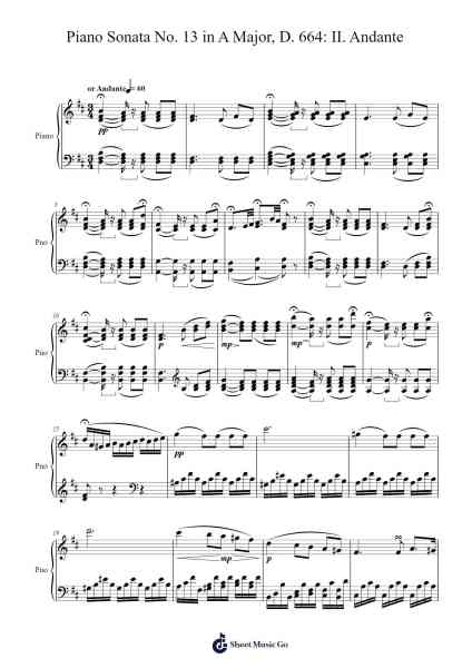 Piano Sonata No. 13 in A Major, D. 664: II. Andante Sheet Music by Franz Schubert-Arr.Ausdam Pukin