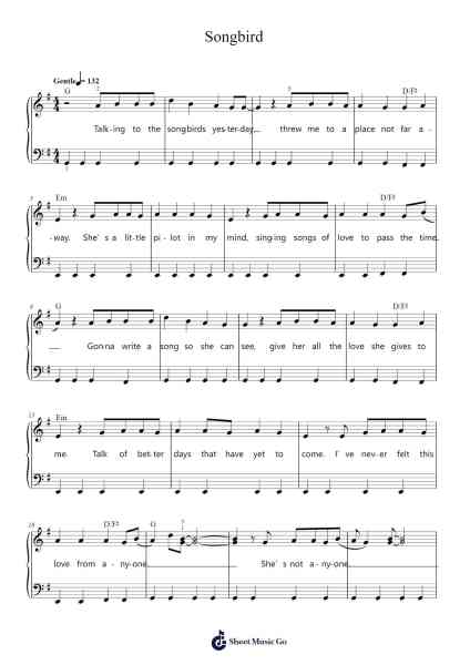 Songbird Musica per pianoforte di Oasis - Arr.Totience Queesom