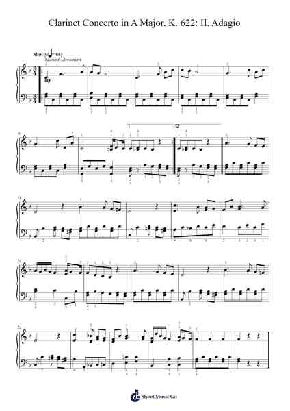 Clarinet Concerto in A Major, K. 622: II. Adagio - Easy Piano Sheet Music by Wolfgang Amadeus Mozart-Arr.Sweetxe Goldthune