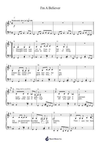 I'm A Believer Musica per pianoforte di Neil Diamond - Arr.Upving