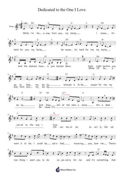 Dedicated to the One I Love Sheet Music by The Mamas & The Papas-Arr.Hooters Xenie