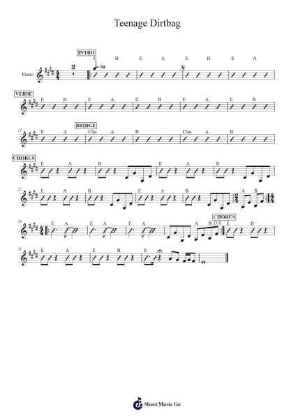 Teenage Dirtbag Sheet Music by Wheatus-Arr.Prittville Millbrian