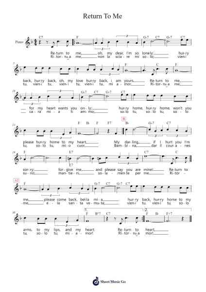 Return To Me Sheet Music by Dean Martin-Arr.Colbard Ramsdick