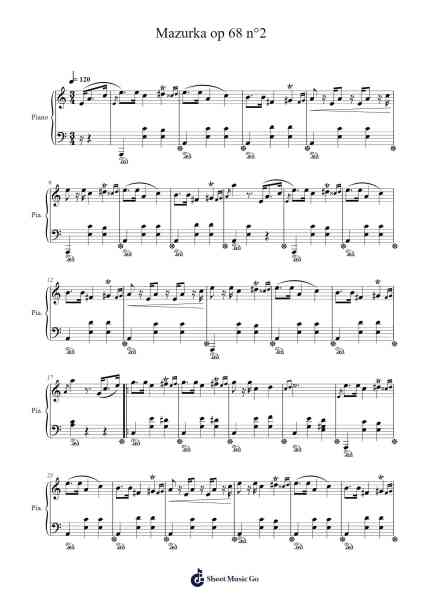 Mazurka in A Minor, Op. 68, No. 2 Sheet Music by Frédéric Chopin-Arr.Snowcol