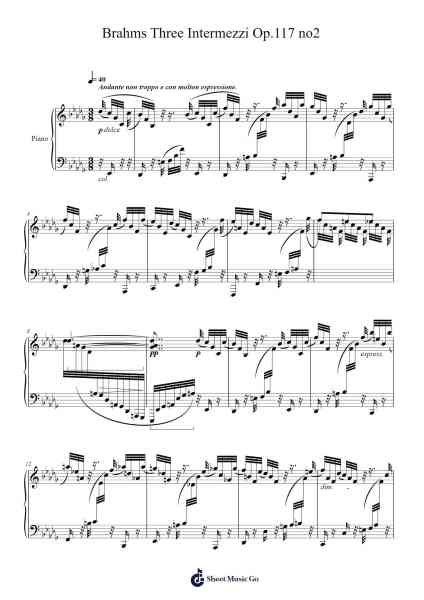 Three Intermezzi, Op. 117 No. 2 in B-flat Minor Sheet Music by Johannes Brahms-Arr.Blithediah