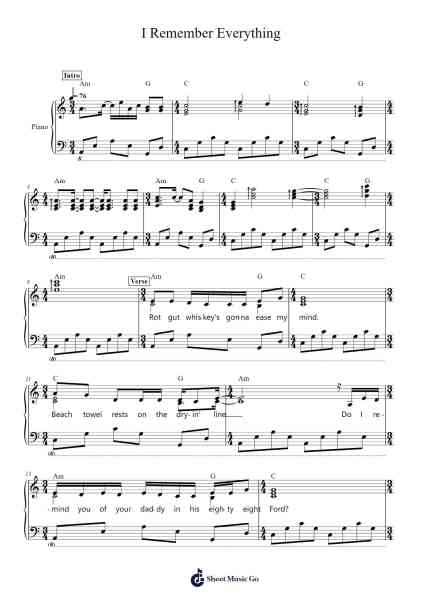 I Remember Everything Musica per pianoforte di Zach Bryan - Arr.Hodgham Bobbright
