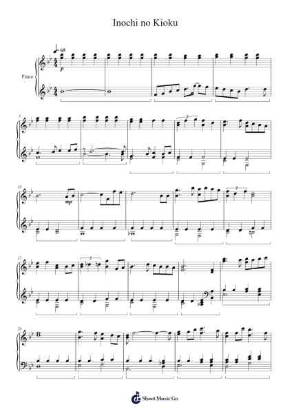 Inochi no Kioku Sheet Music by Joe Hisaishi-Arr.Hilye