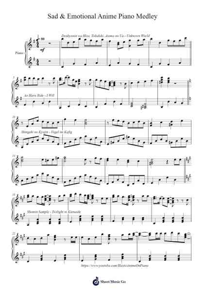 Sad & Emotional Anime Piano Medley Sheet Music by Leighstrong-Arr.Backdn