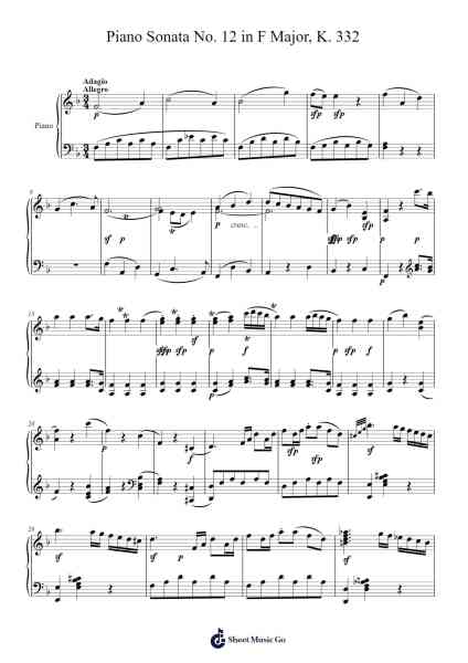 Piano Sonata No. 12 in F Major, K. 332 Sheet Music by W. A. Mozart-Arr.Oglet Kitcke