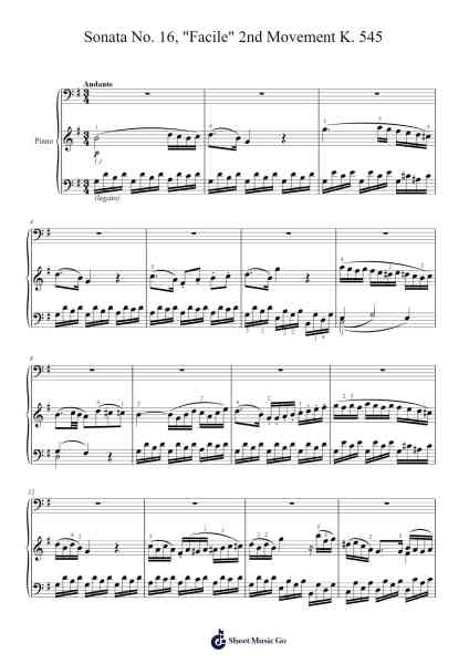 Sonata No. 16 in C Major, K. 545 "Facile": II. Andante Sheet Music by Wolfgang Amadeus Mozart-Arr.Raycius Dallouie